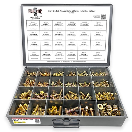 Boltsandnuts.Com Inch Grade 8 Hex Flange Bolts & Flange Lock Nuts Zinc Yellow Assortment - 693PCS Assortment Kit #390